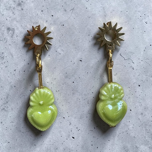 Sacred Heart Sun Disk Stud Earrings - Green