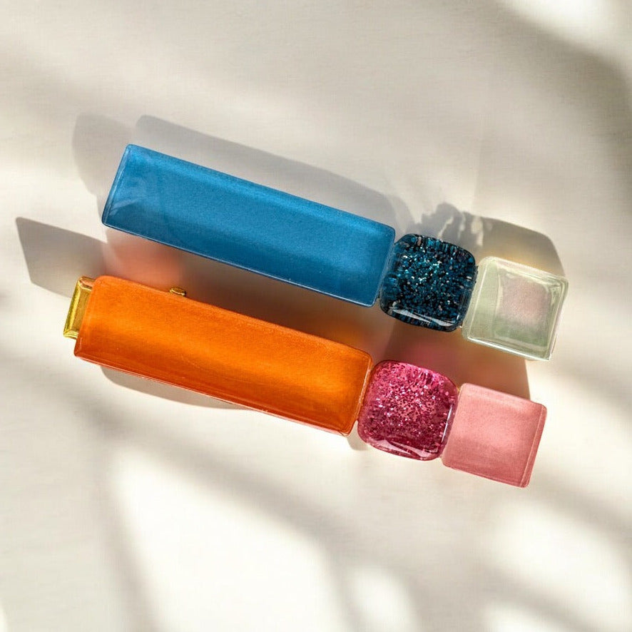 Multicoloured Glass Hair Clips, in Orange, Blue & Pink