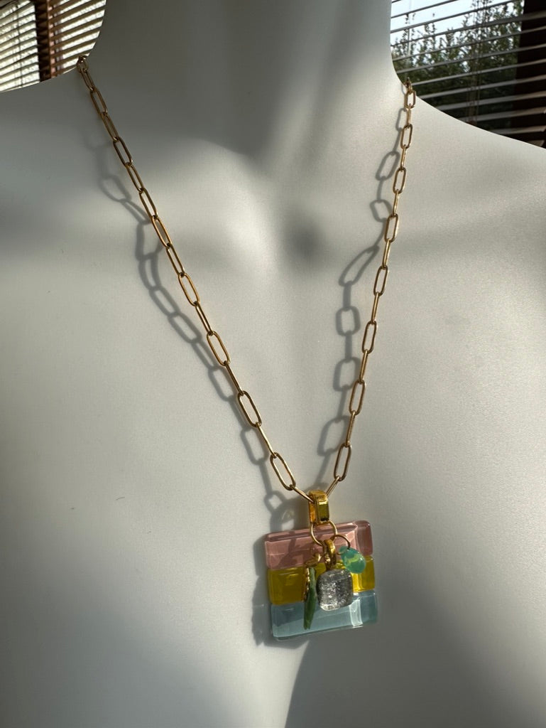 Fused Glass Multiway Pendant Necklace, Pink, Yellow & Blue