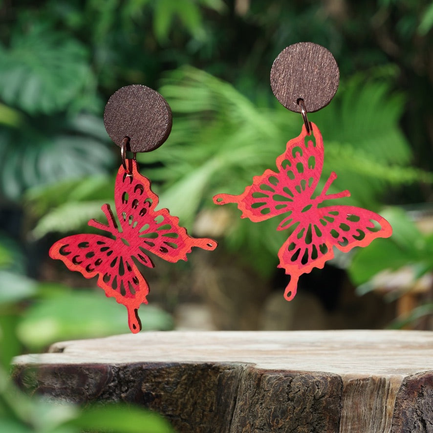 Butterfly II Wooden Earrings, Block Colour Red Orange - Rose Gold Finish