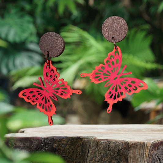 Butterfly II Wooden Earrings, Block Colour Red Orange - Rose Gold Finish