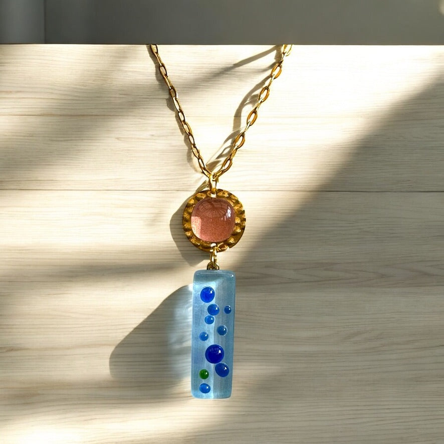 Speckled Fused Glass Necklace, Pink & Blue