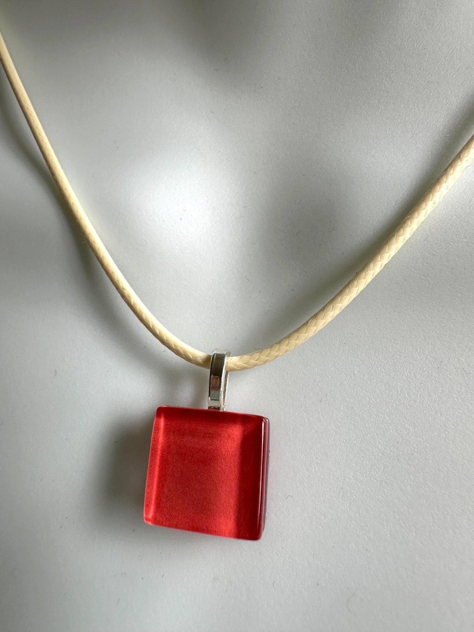 Watermelon Square Glass Pendant Necklace on Cream Waxed Cord - Necklace - Eclectic Blue Studio