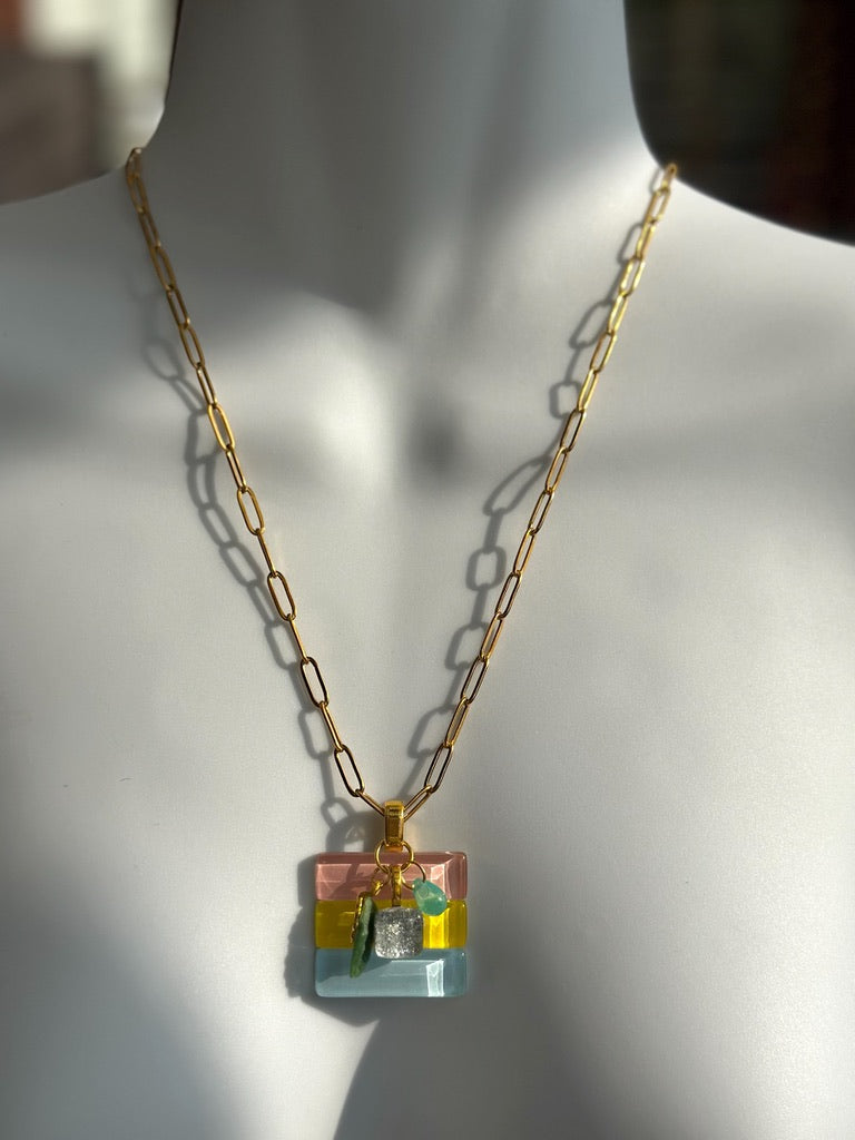 Fused Glass Multiway Pendant Necklace, Pink, Yellow & Blue