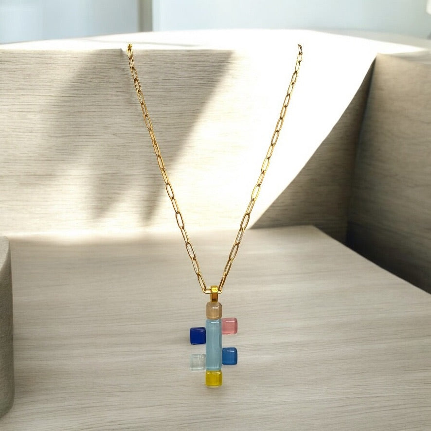 Abstract Key Fused Glass Pendant Necklace, Multicolour