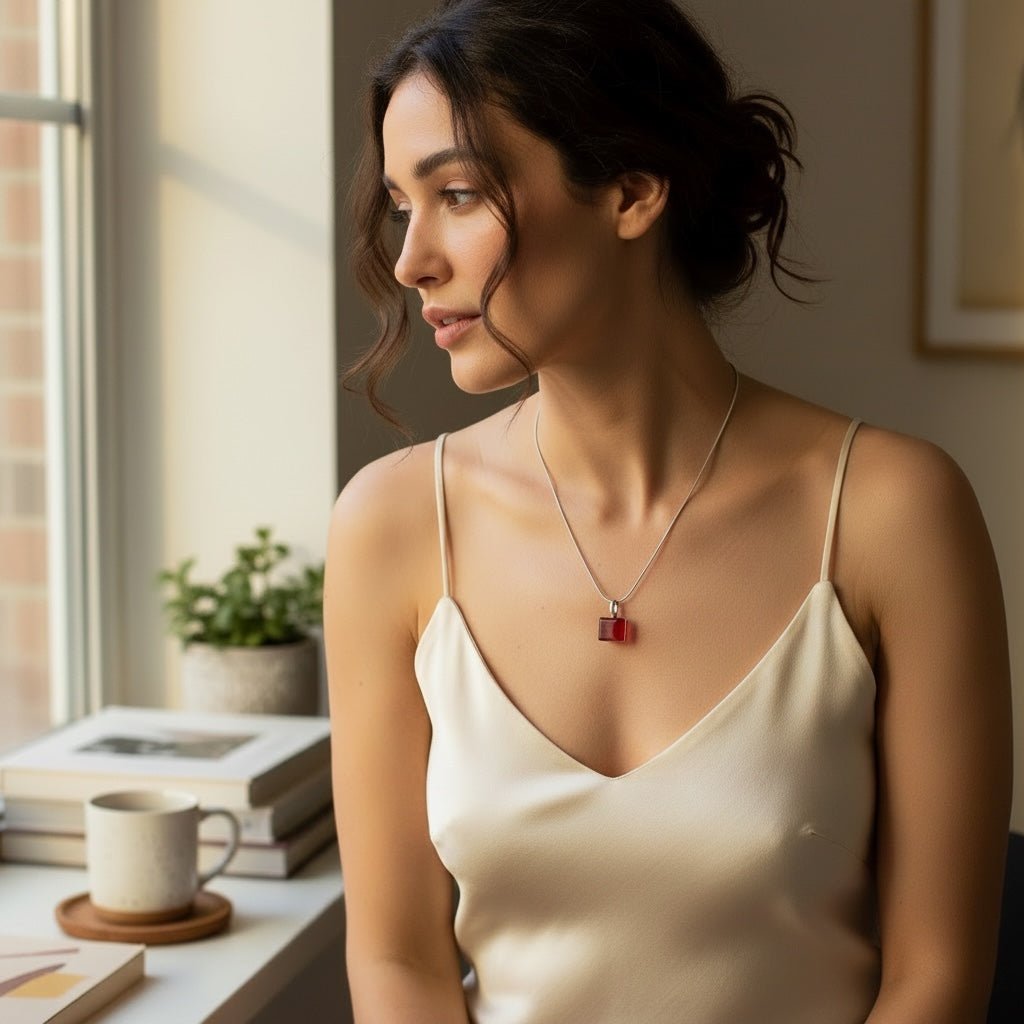 Square Glass Pendant Necklace — Red, Petite - Necklace - Eclectic Blue Studio