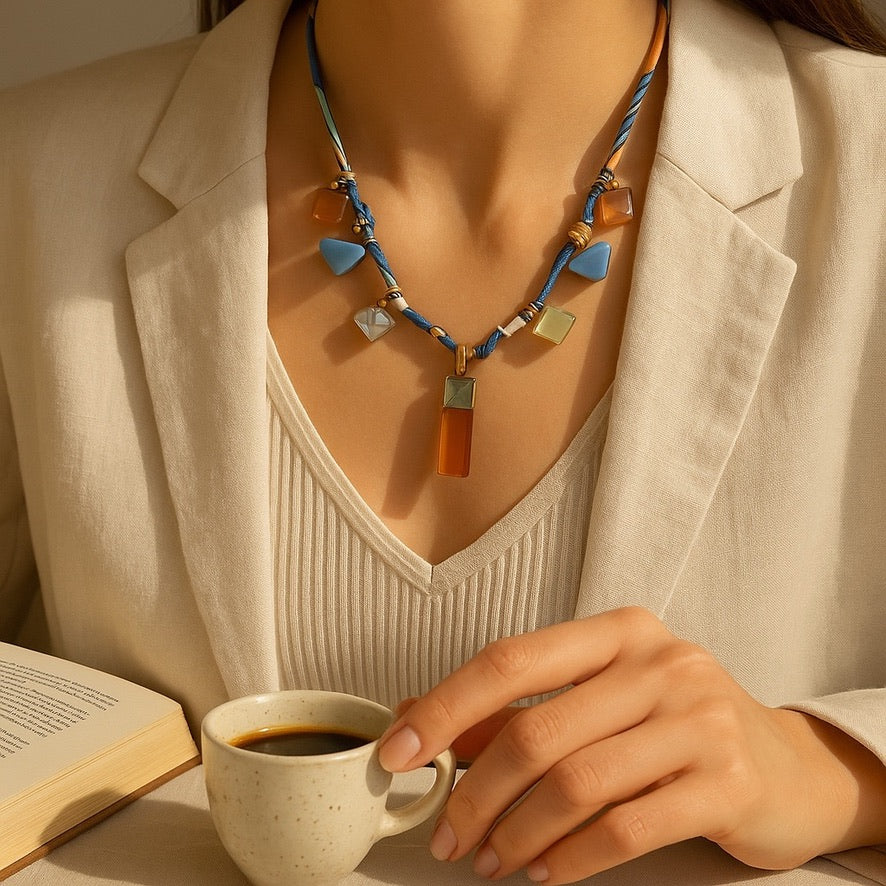 Fabric Cord Glass Charms Necklace, Blue & Orange