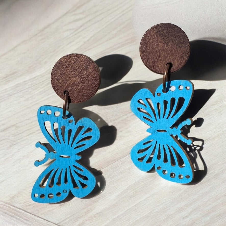 Butterfly I Wooden Earrings, Block Colour Dark Blue & Midtone Blue - Bronze Finish