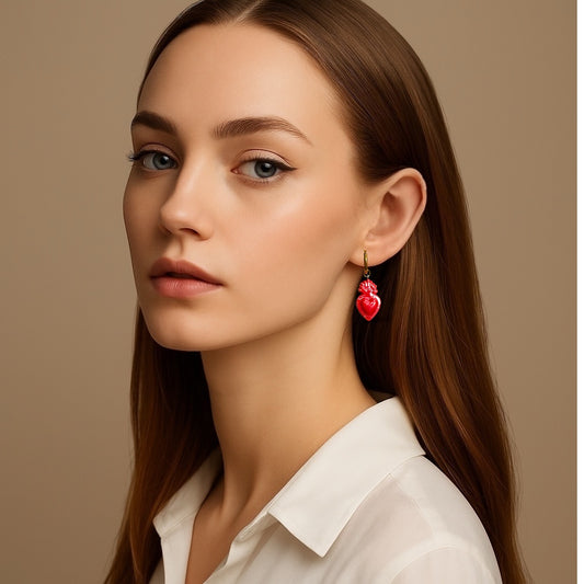 Sacred Heart Ceramic Loop Earrings - Red