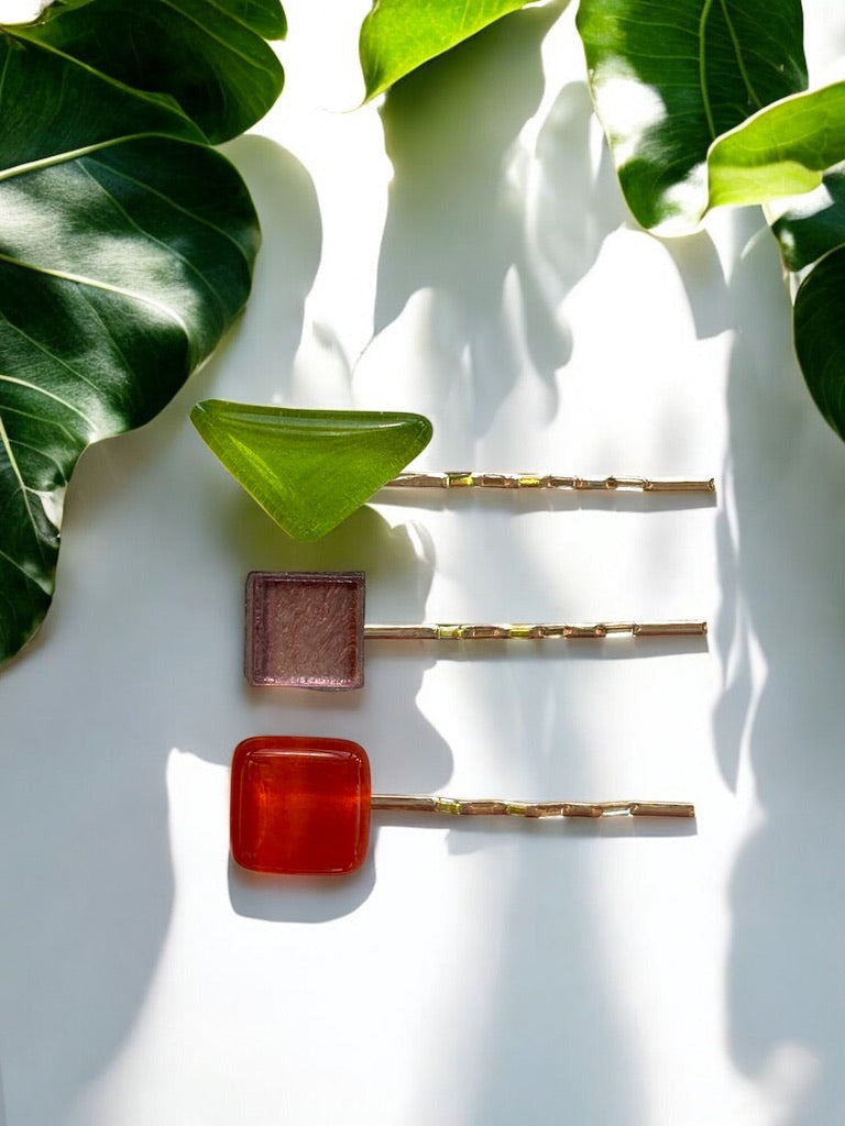 Glass Hair Pin Set, in Green, Purple & Red Orange