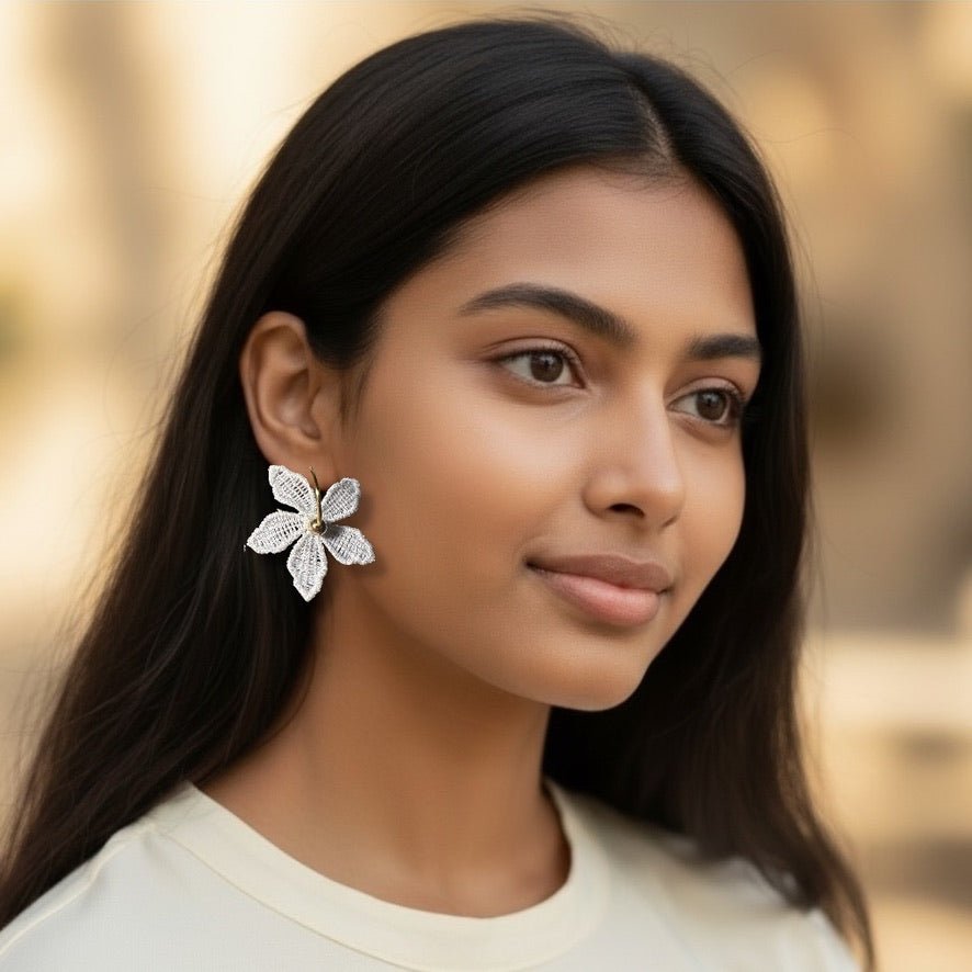 White Lace Flower Earrings - Fabric & Gold Hoop - Earrings - Eclectic Blue Studio