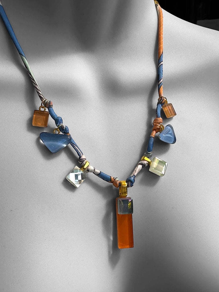 Fabric Cord Glass Charms Necklace, Blue & Orange
