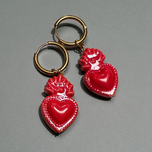 Sacred Heart Ceramic Loop Earrings - Red