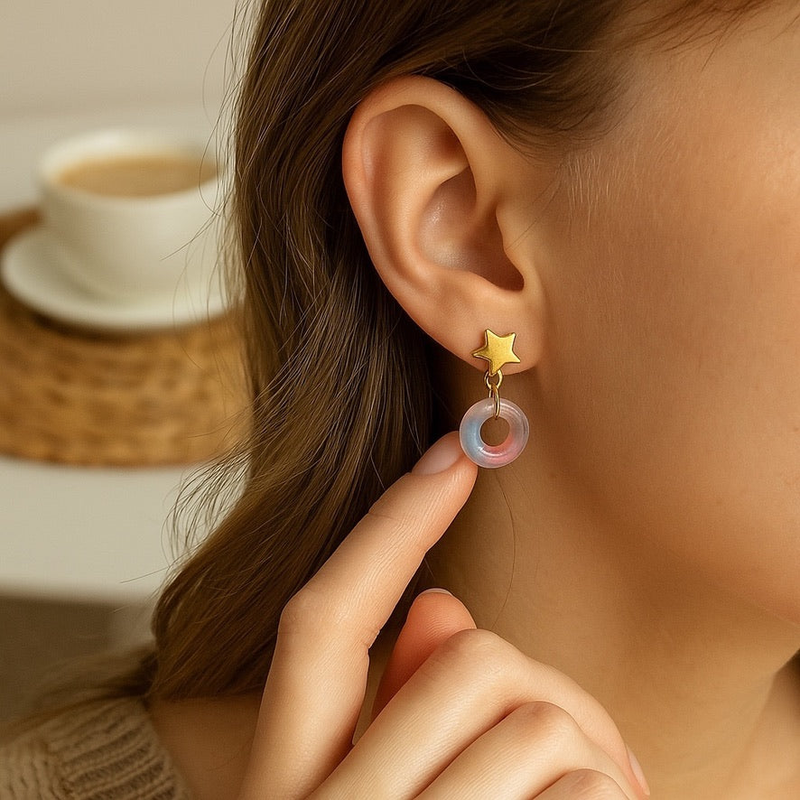 Ring & Star Glass Stud Earrings, in Pink, Watermelon, Red & Blue