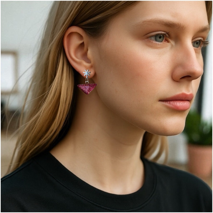 Glass Triangle Flower Stud Earrings, Magenta