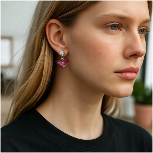 Glass Triangle Flower Stud Earrings, Magenta