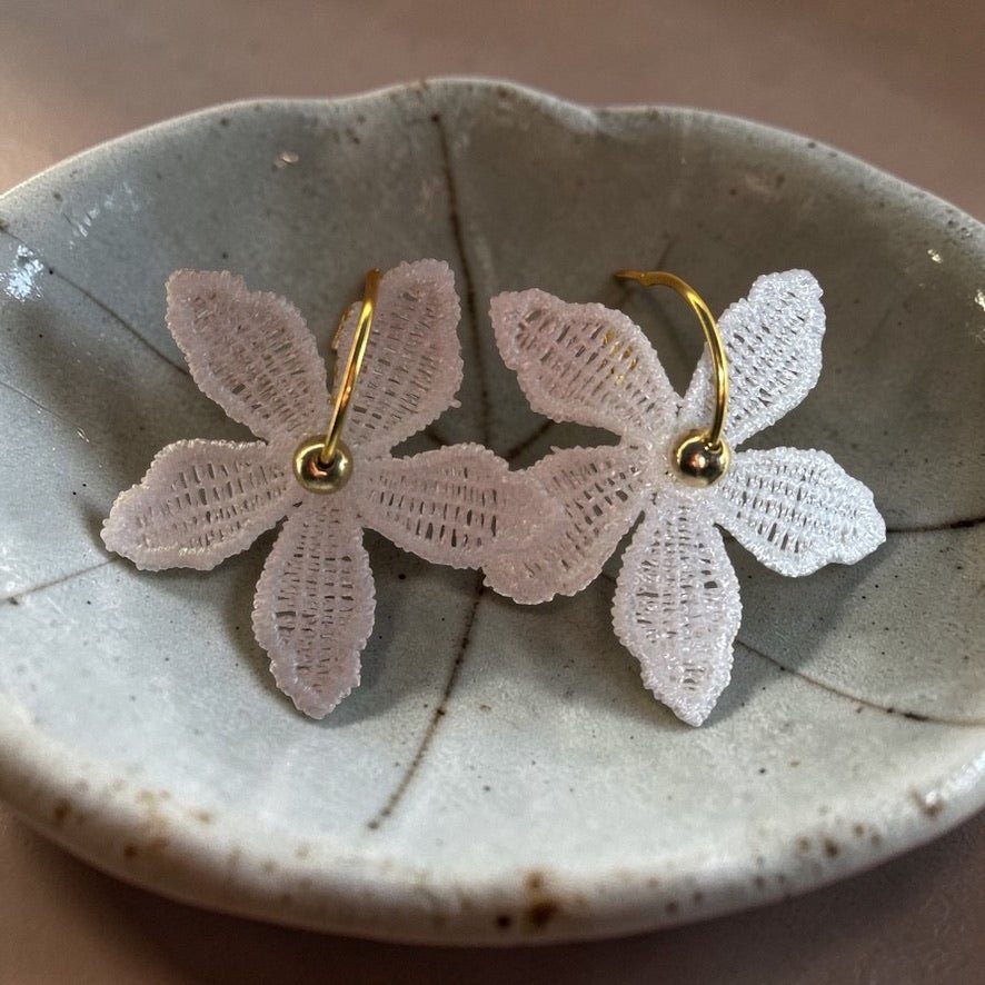 White Lace Flower Earrings - Fabric & Gold Hoop - Earrings - Eclectic Blue Studio