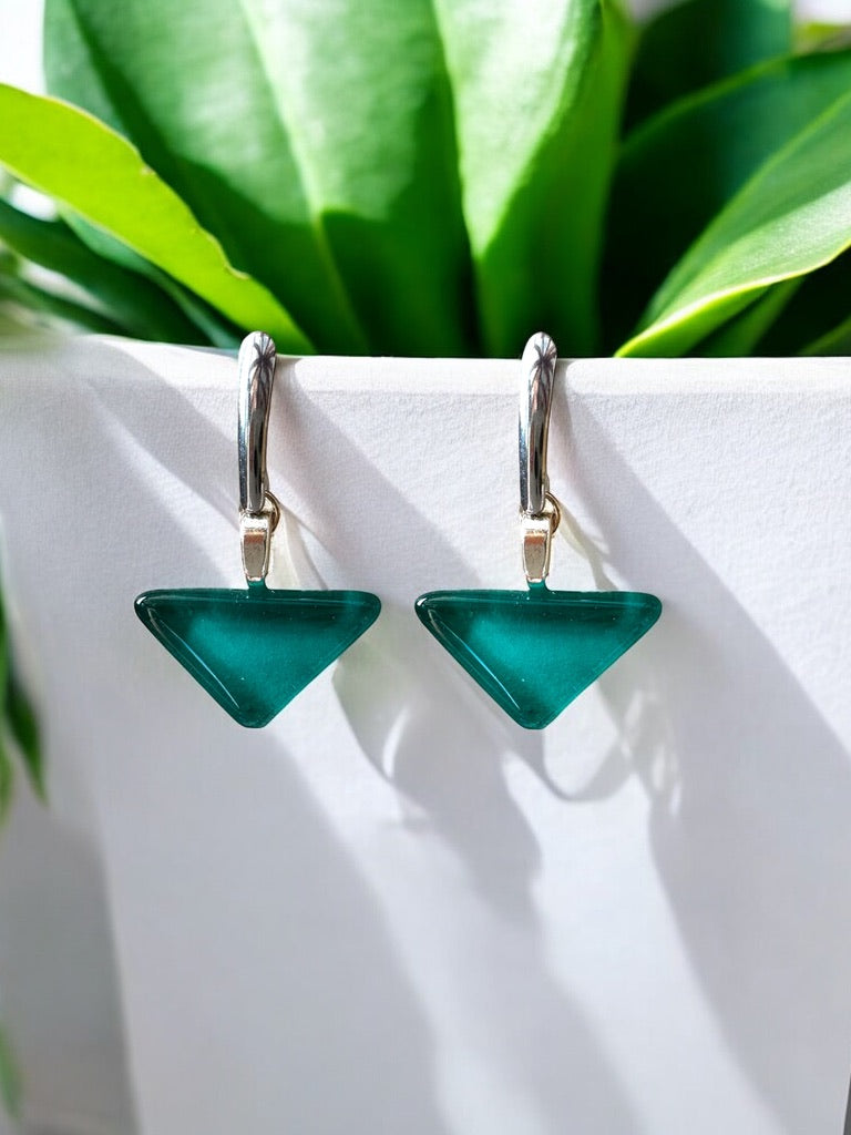 Minimal Glass Triangle Bar Stud Earrings, Greens