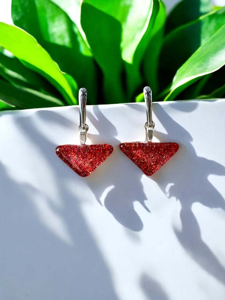 Minimal Glass Triangle Bar Stud Earrings, Reds