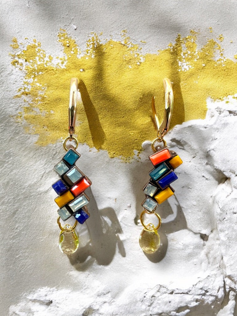 Multicolour Cluster Earrings, with tear drop- Upcycled Ltd Edition