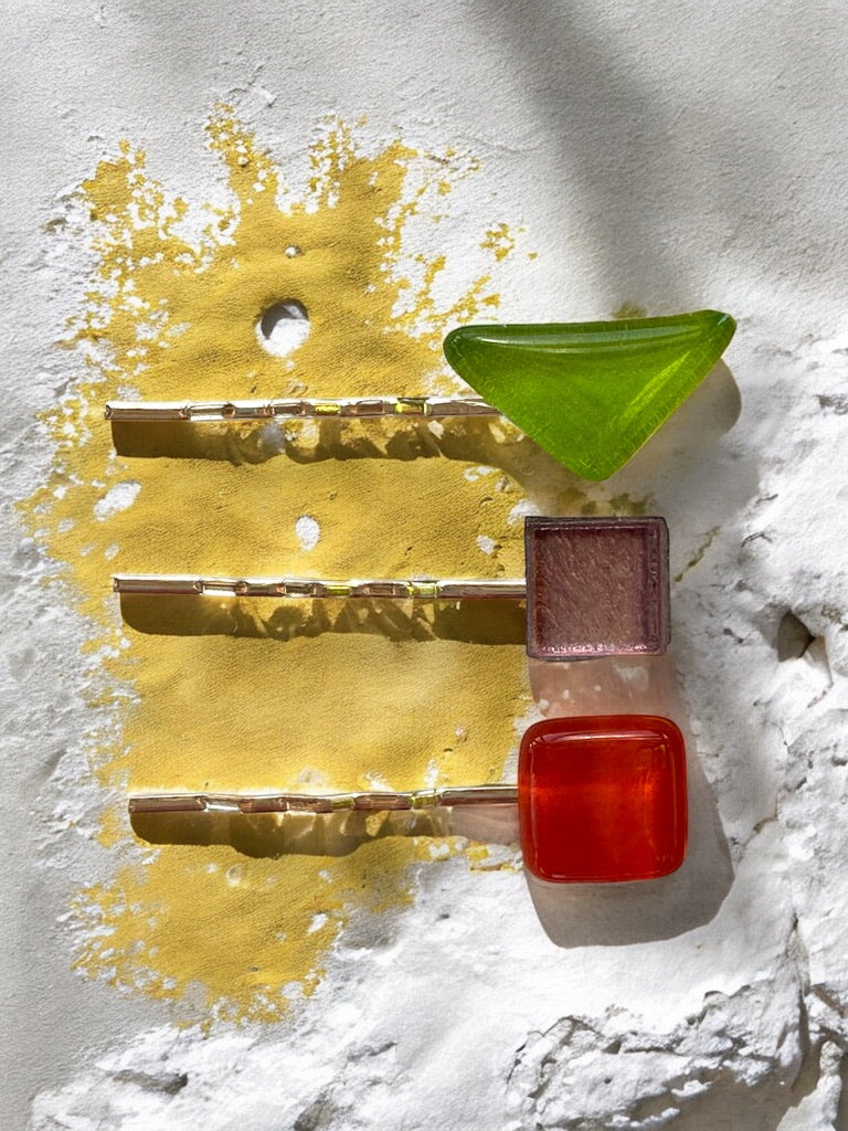 Glass Hair Pin Set, in Green, Purple & Red Orange