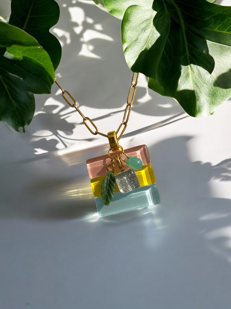 Fused Glass Multiway Pendant Necklace, Pink, Yellow & Blue