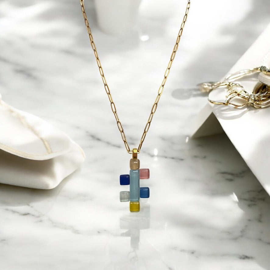 Abstract Key Fused Glass Pendant Necklace, Multicolour