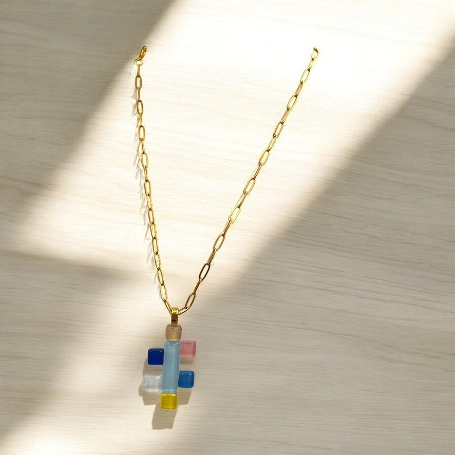 Abstract Key Fused Glass Pendant Necklace, Multicolour