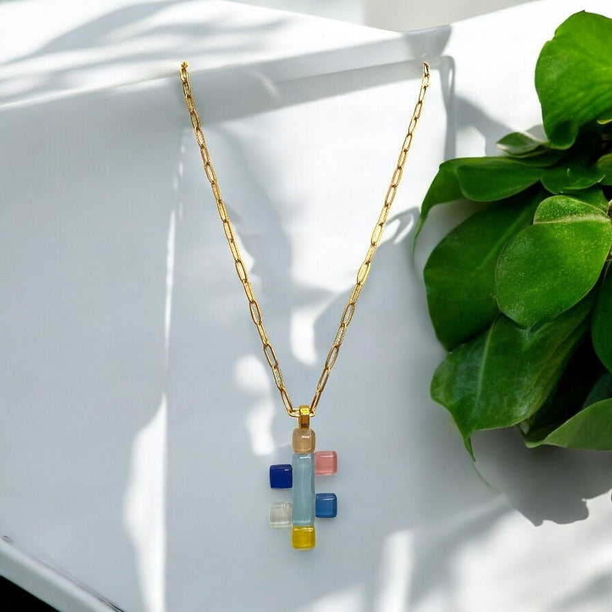 Abstract Key Fused Glass Pendant Necklace, Multicolour