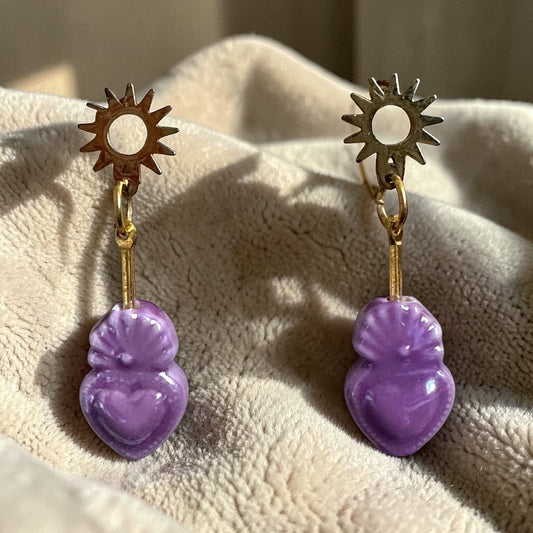 Sacred Heart Sun Disk Stud Earrings - Purple