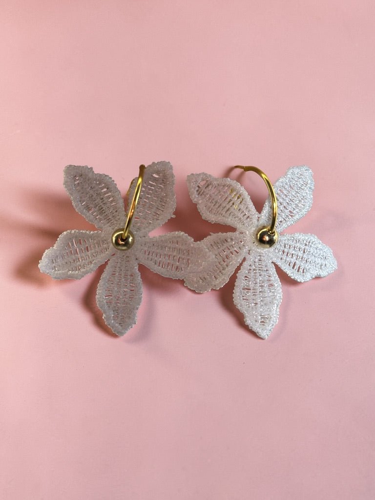 White Lace Flower Earrings - Fabric & Gold Hoop - Earrings - Eclectic Blue Studio
