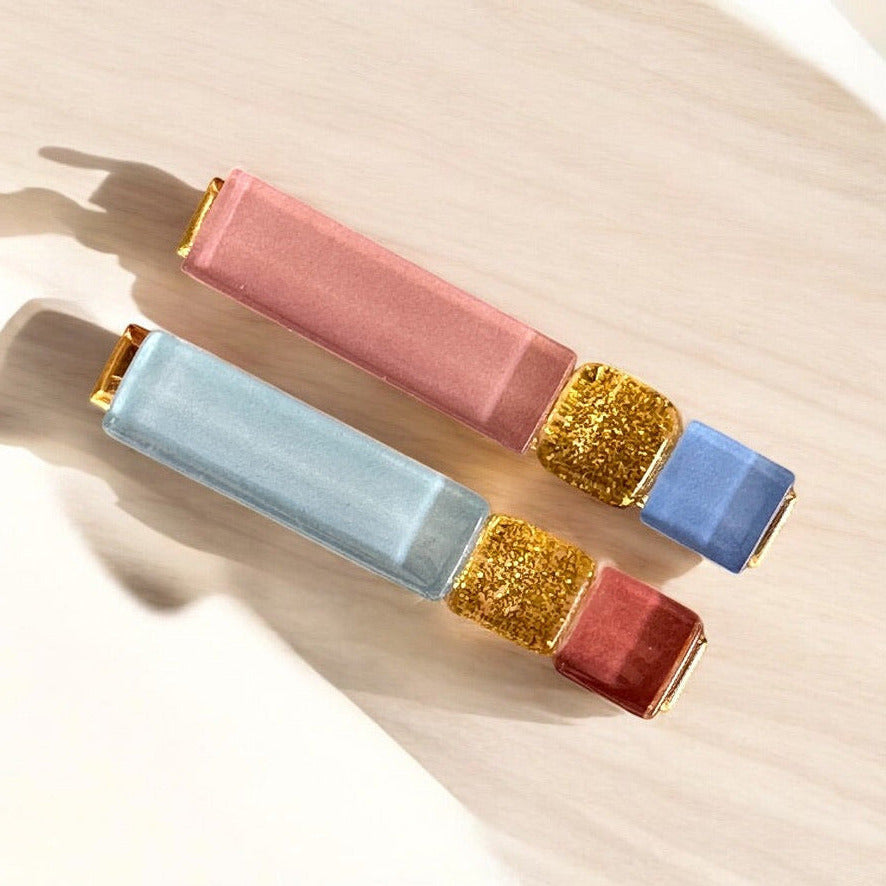 Multicoloured Glass Hair Clips, in Pink, Blue and Gold