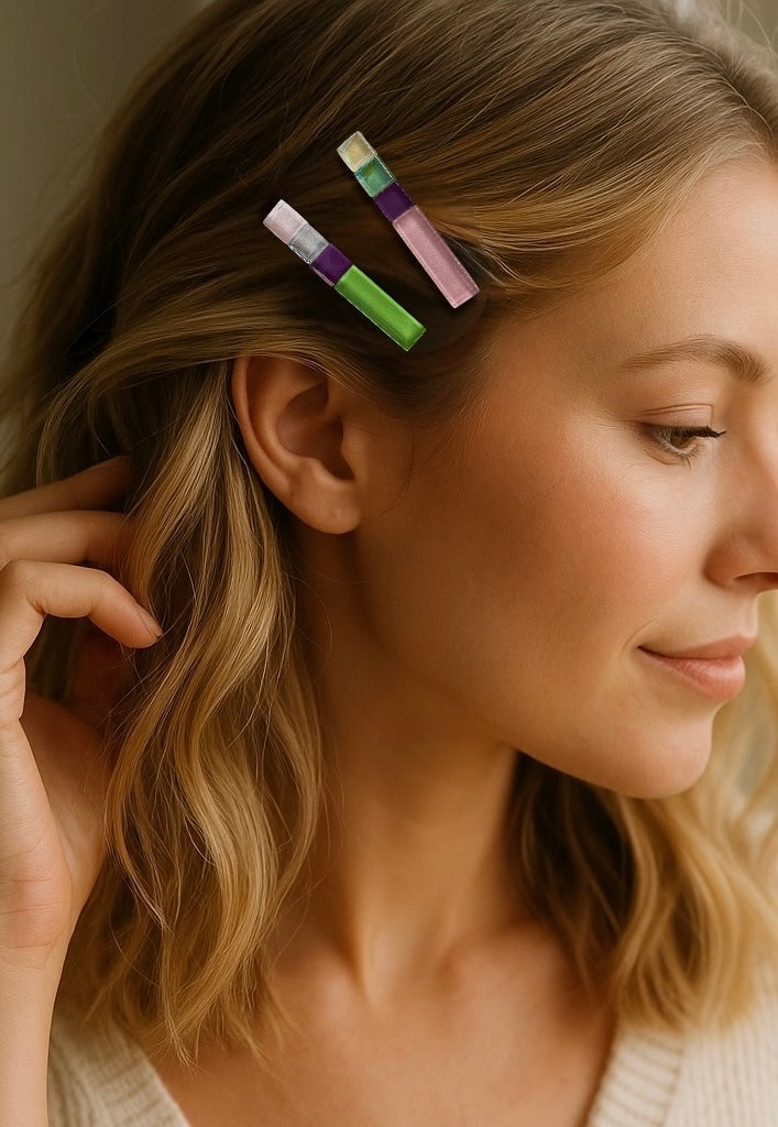 Multicoloured Glass Hair Clips, Medium-long, in Green, Pink and Purple