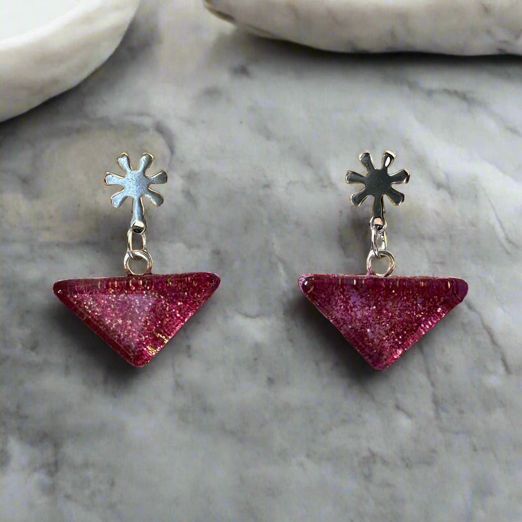 Glass Triangle Flower Stud Earrings, Magenta