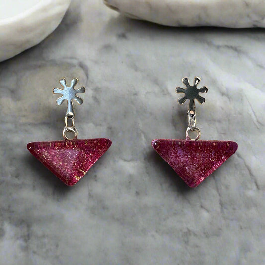 Glass Triangle Flower Stud Earrings, Magenta