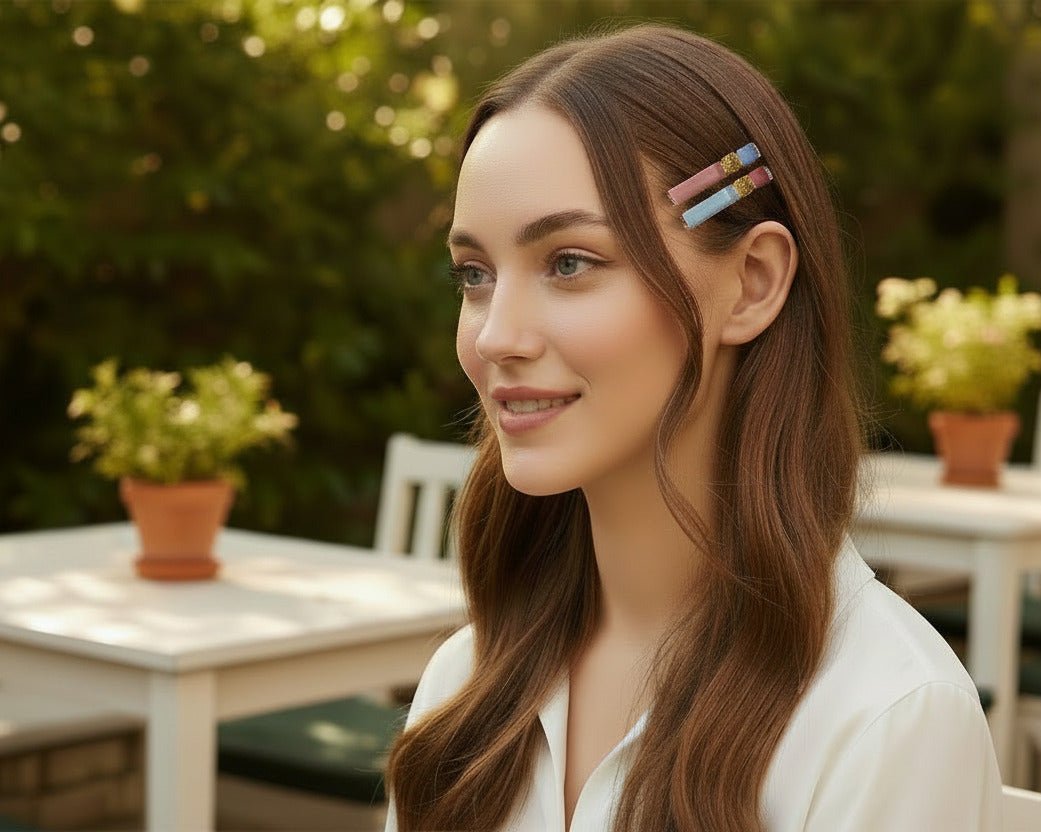 Multicoloured Glass Hair Clips, in Pink, Blue and Gold - hair - Eclectic Blue Studio