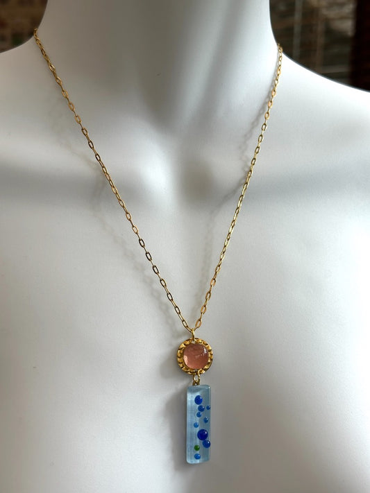 Speckled Fused Glass Necklace, Pink & Blue