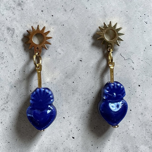 Sacred Heart Sun Disk Stud Earrings - Blue
