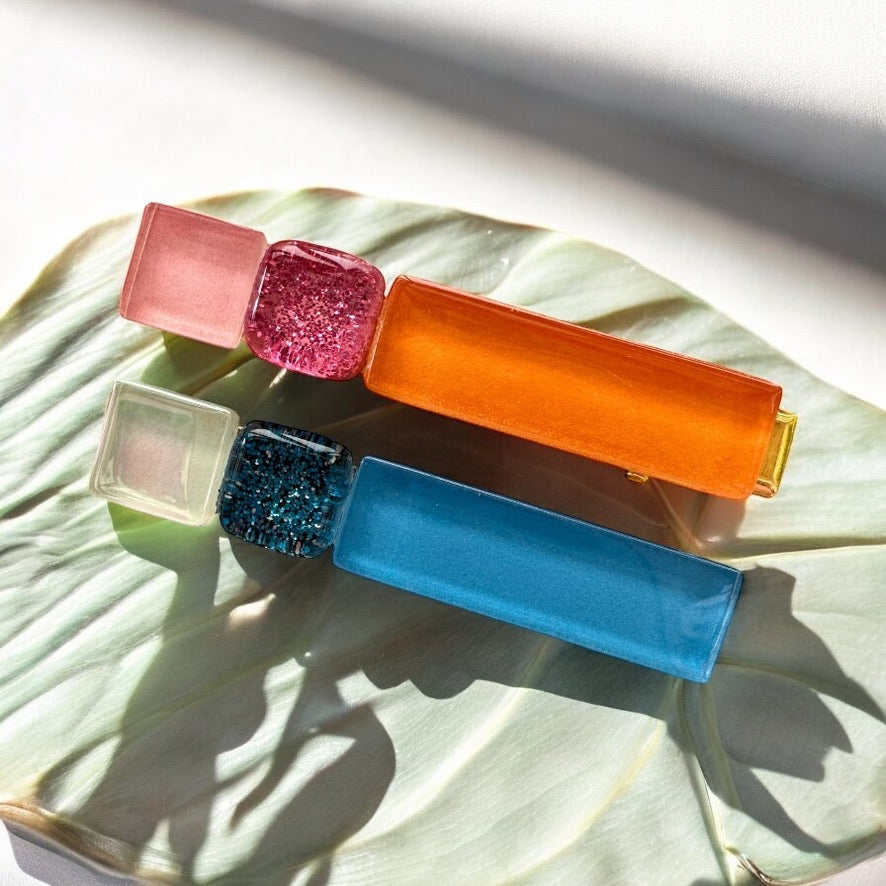 Multicoloured Glass Hair Clips, in Orange, Blue & Pink