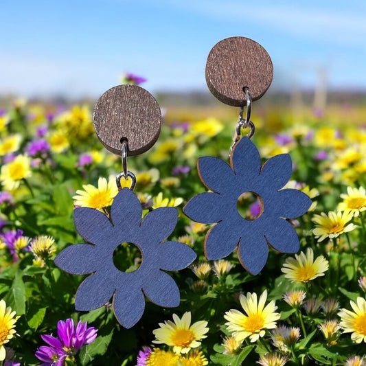Flower II Wooden Earrings, Block Colour Dark Blue - Silver Finish