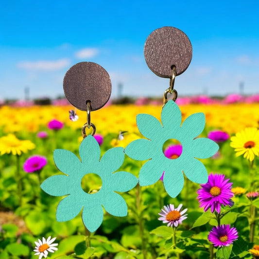 Flower II Wooden Earrings, Block Colour Aqua - Gold Finish