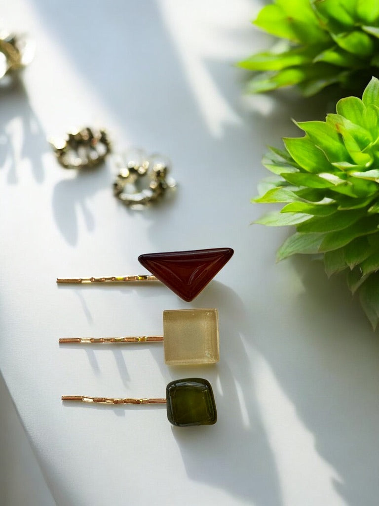 Glass Hair Pin Set, in Brown, Beige & Dark Bottle Green