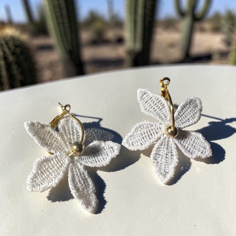 White Lace Flower Earrings - Fabric & Gold Hoop - Earrings - Eclectic Blue Studio