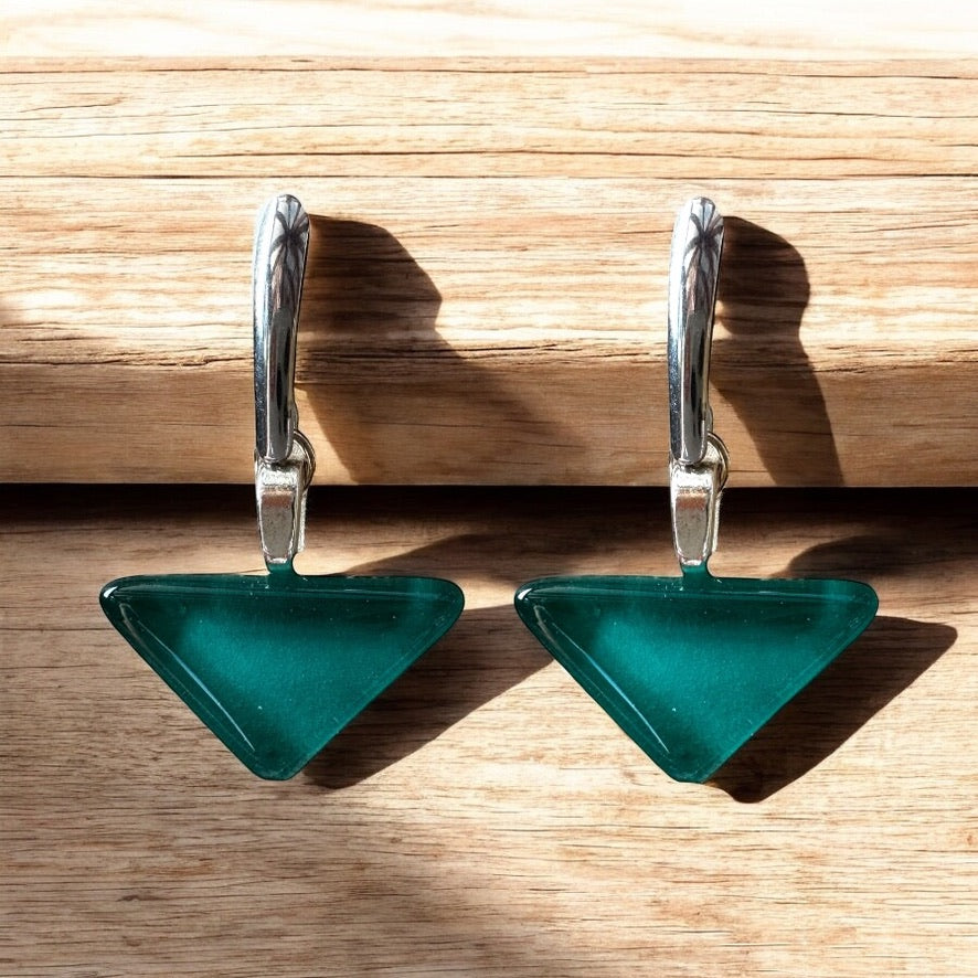 Minimal Glass Triangle Bar Stud Earrings, Greens