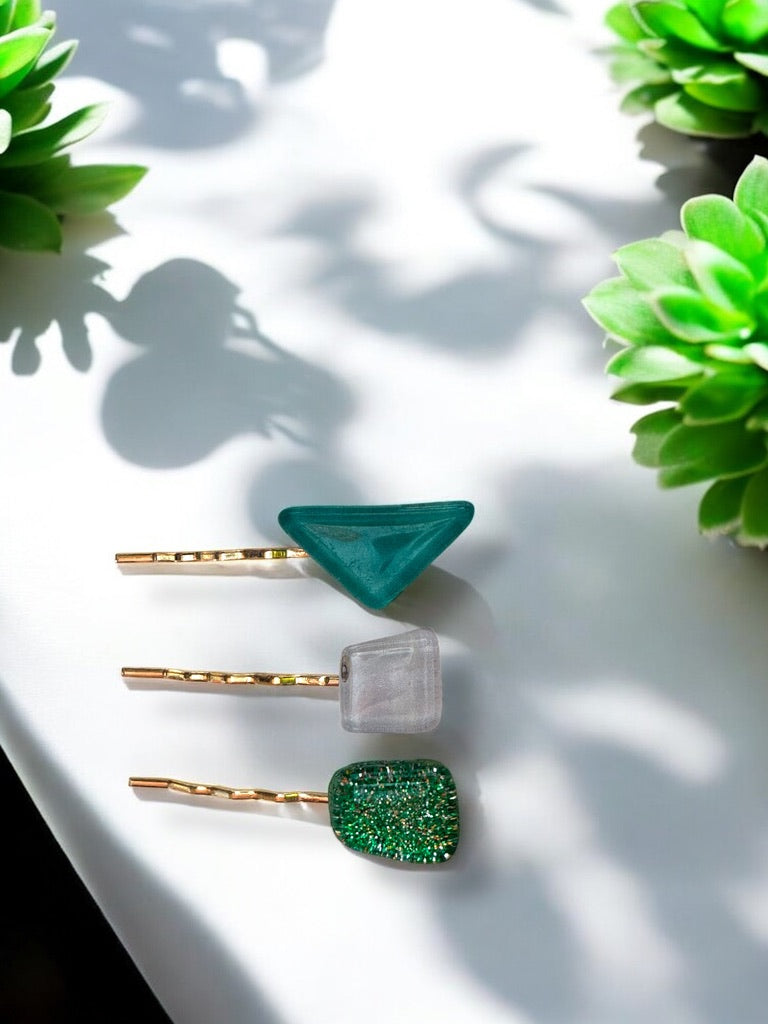 Glass Hair Pin Set, in Bluegreen, Pearl Grey & Glittery Green