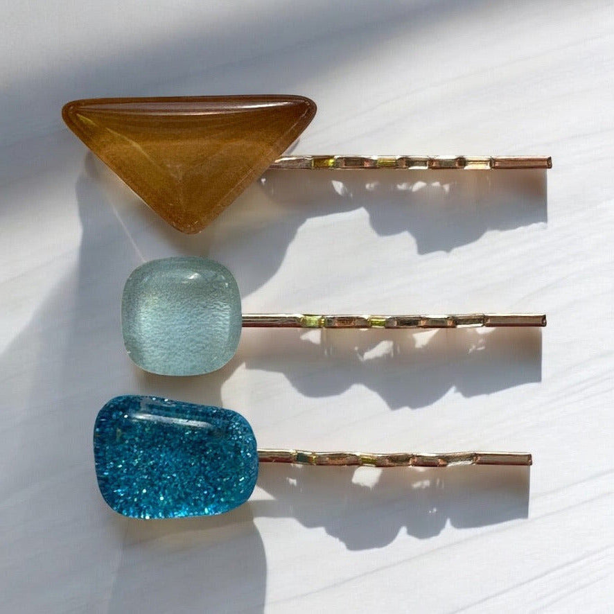 Glass Hair Pin Set, in Caramel, Aqua & Sparkly Blue