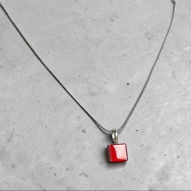 Square Glass Pendant Necklace — Red, Petite - Necklace - Eclectic Blue Studio