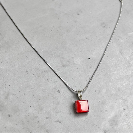 Square Glass Pendant Necklace — Red, Petite - Necklace - Eclectic Blue Studio