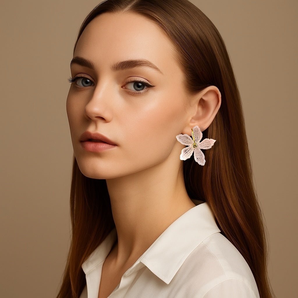 White Lace Flower Earrings - Fabric & Gold Hoop - Earrings - Eclectic Blue Studio