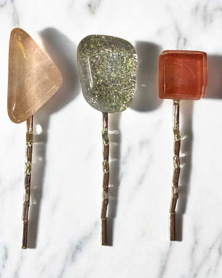 Glass Hair Pin Set, in Light Pink, Glittery Silver & Dark Pink